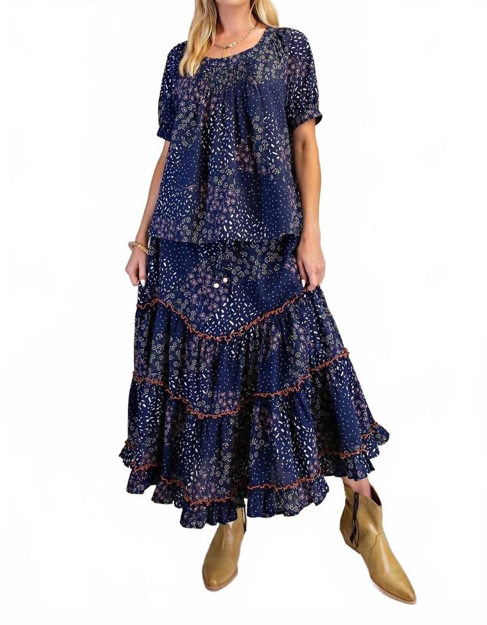 NEW EASEL elastic waistband light fields skirt in blueberry